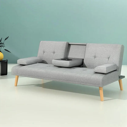 Sofa Bed 188cm Grey Faux Linen