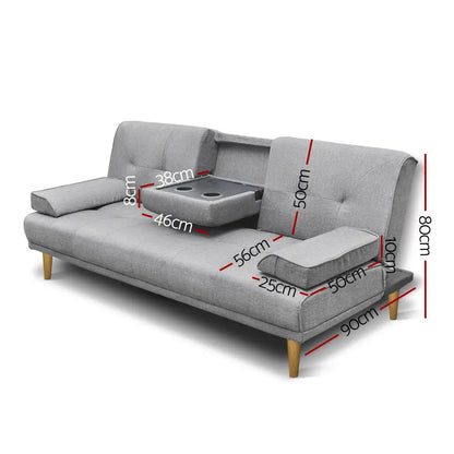 Sofa Bed 188cm Grey Faux Linen