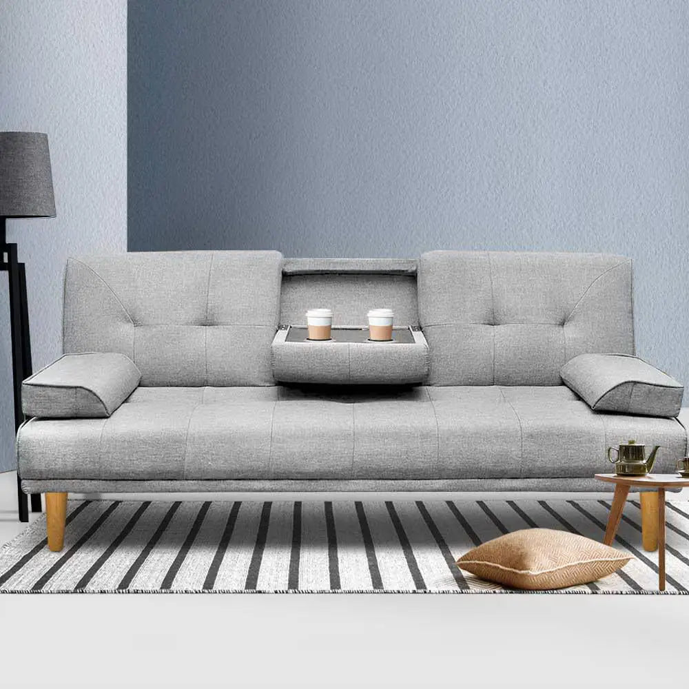 Sofa Bed 188cm Grey Faux Linen