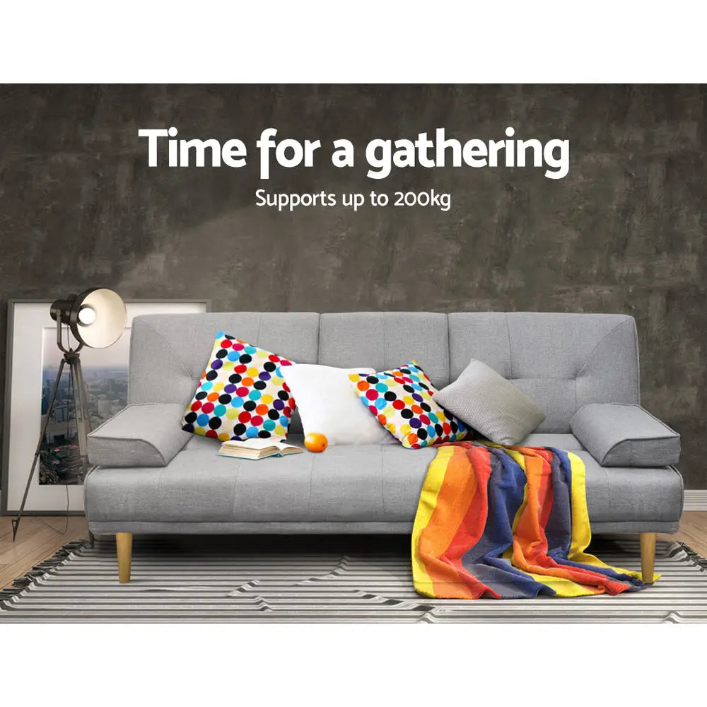 Sofa Bed 188cm Grey Faux Linen