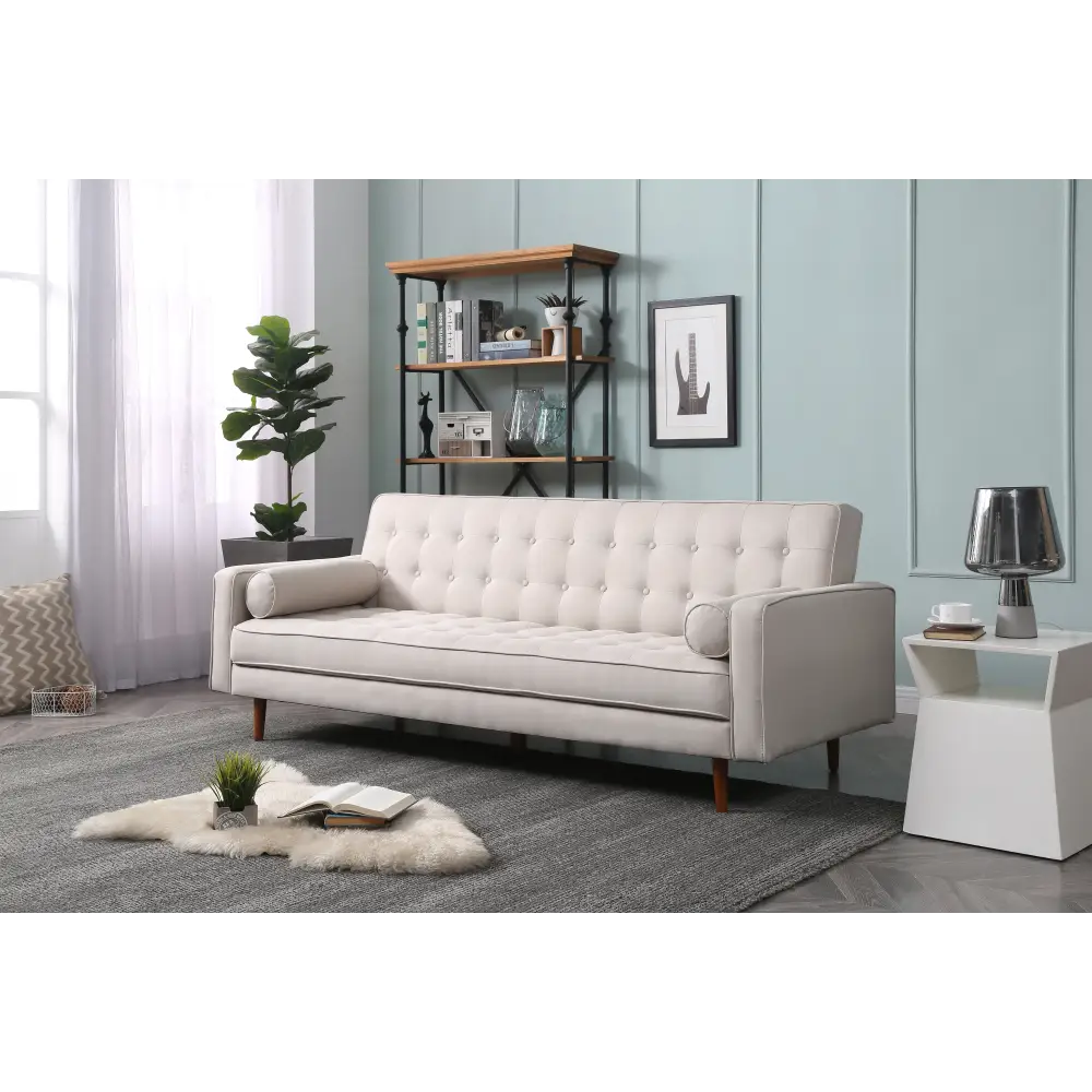 Sofa Bed 3 Seater Button Tufted Lounge Set for Living Room Couch in Fabric Beige Colour