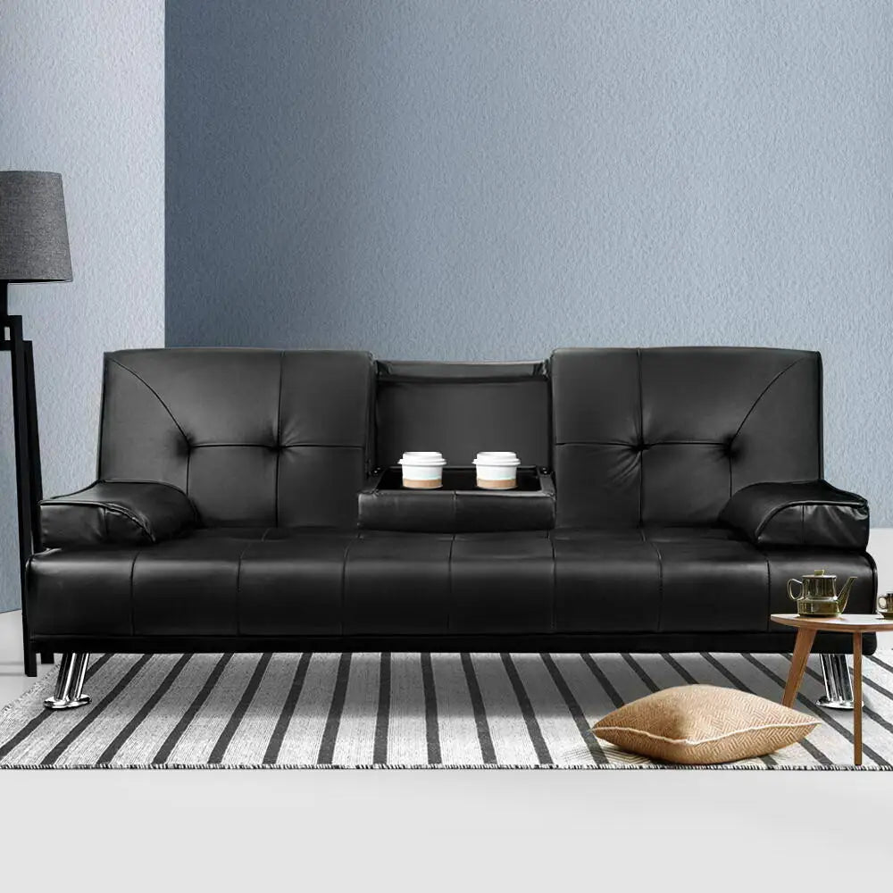 Sofa Bed Lounge Convertible Leather Couch 3 Seater Cupholder Recliner