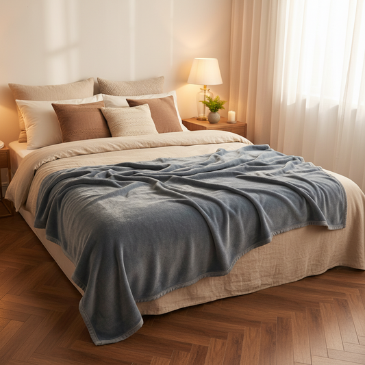 soft warm all seasons grey fleece blanket on a modern bed with neutral colour sheets and cushions, brown timber flooring and windows with curtains, soft daylight