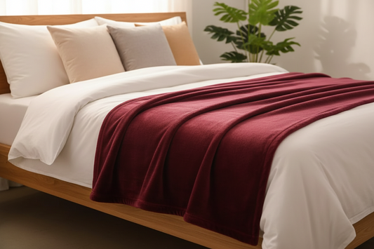 soft warm all seasons wine red fleece blanket on a modern bed with neutral colour sheets and cushions, brown timber flooring and windows with curtains, soft daylight