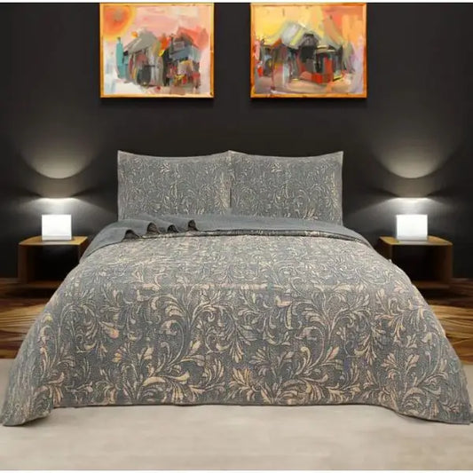 Stone Wash Gun Metal 100% Cotton Quilted 3 Pcs Bedspread Coverlet Set Super King