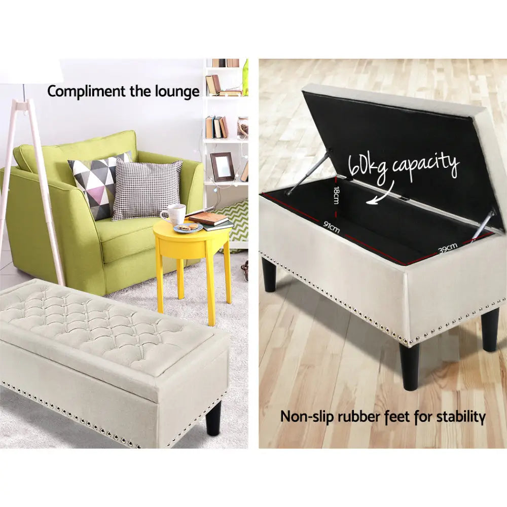 Storage Ottoman Blanket Box 96cm Linen Taupe