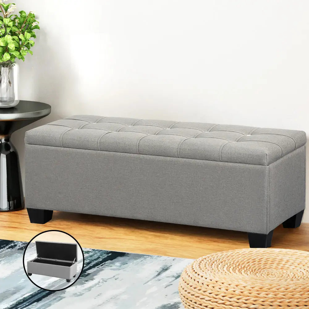 Storage Ottoman Blanket Box 97cm Button Linen Grey