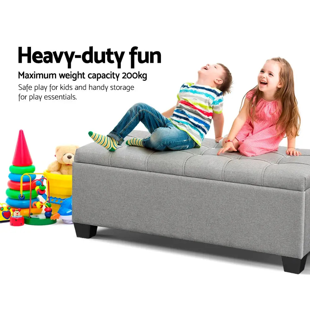 Storage Ottoman Blanket Box 97cm Button Linen Grey