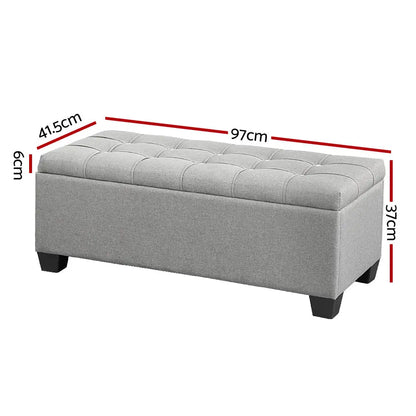 Storage Ottoman Blanket Box 97cm Button Linen Grey