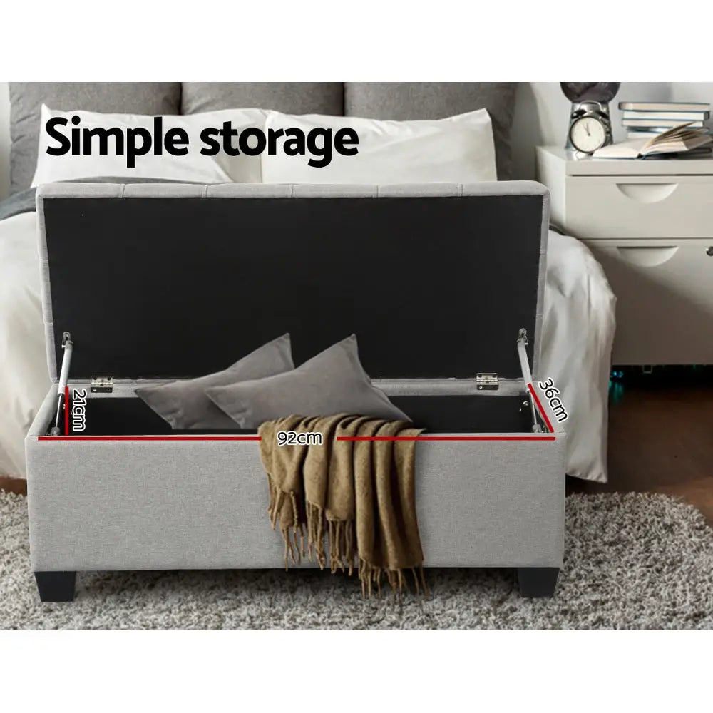 Storage Ottoman Blanket Box 97cm Button Linen Grey