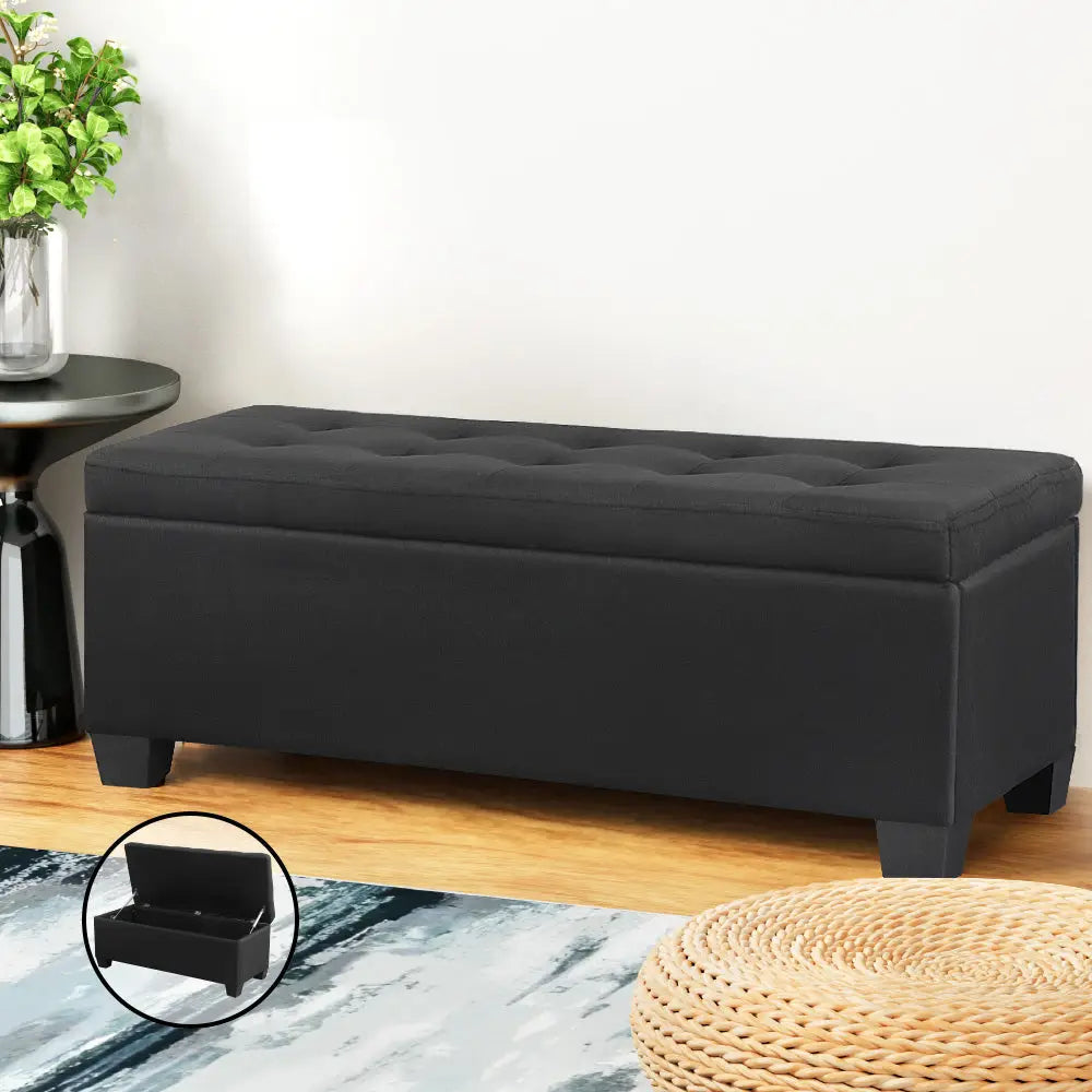 Storage Ottoman Blanket Box 97cm Linen Black