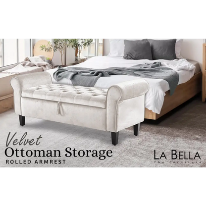 Storage Ottoman Stool Arm Bench Seat 132cm Velvet Beige