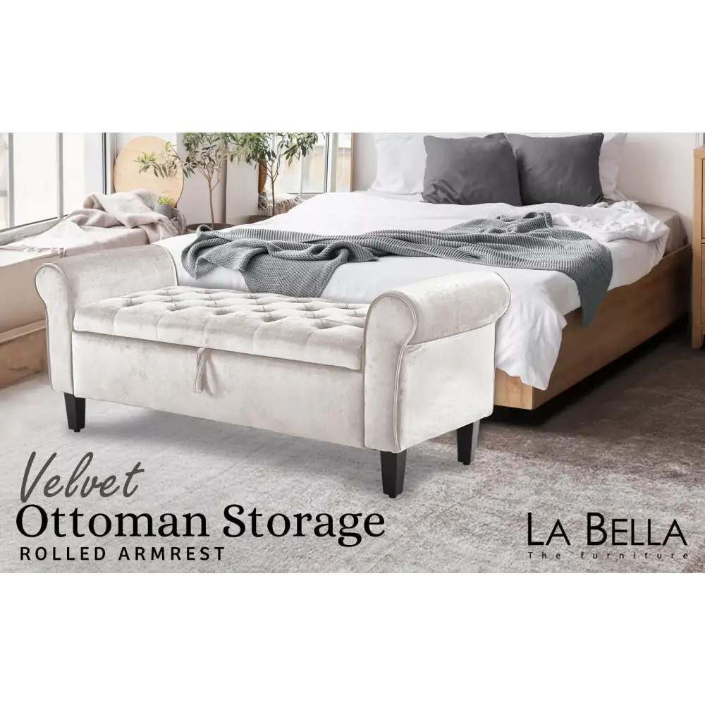 Storage Ottoman Stool Arm Bench Seat 132cm Velvet Beige