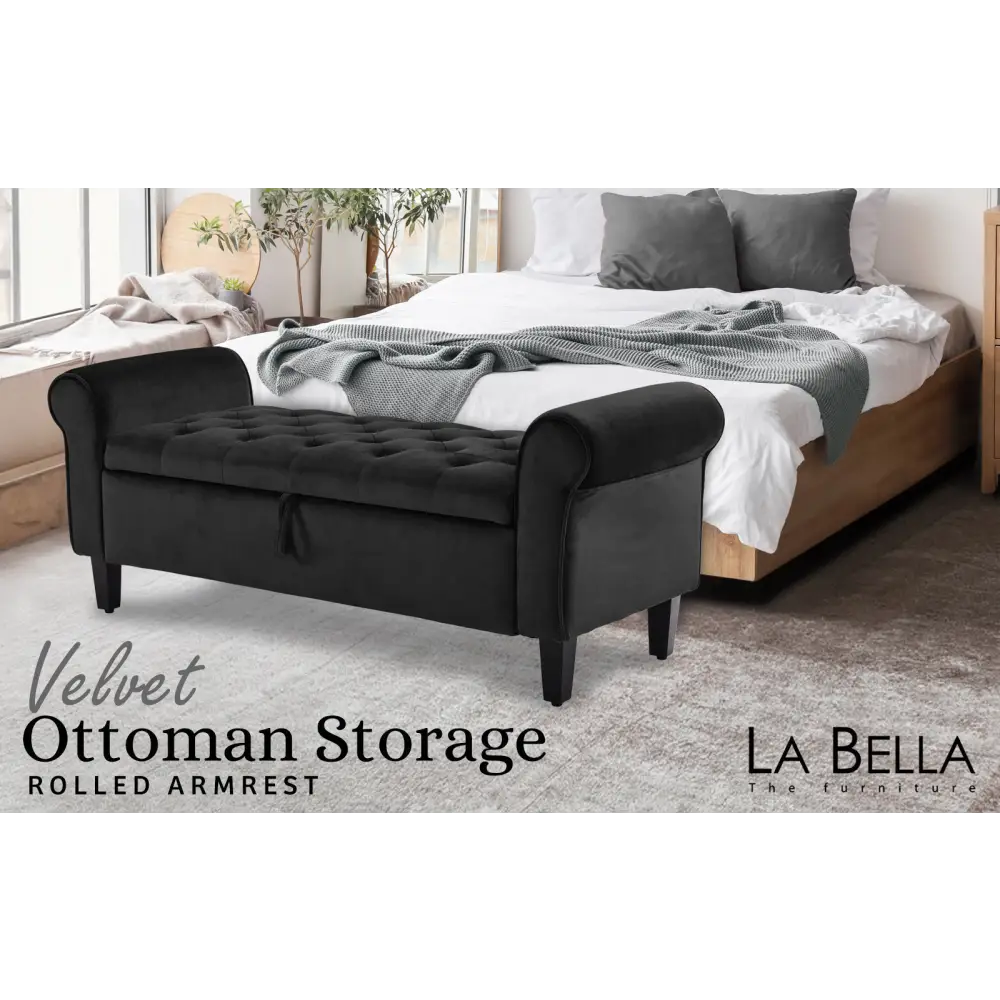 Storage Ottoman Stool Arm Bench Seat 132cm Velvet Black