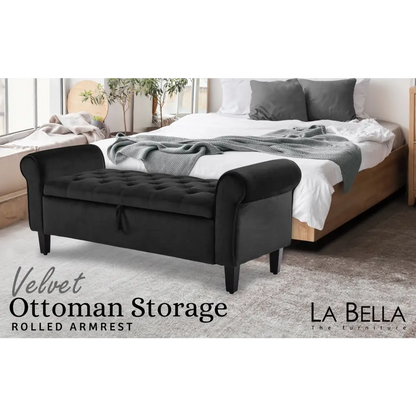 Storage Ottoman Stool Arm Bench Seat 132cm Velvet Black
