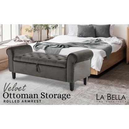 Storage Ottoman Stool Arm Bench Seat 132cm Velvet Grey