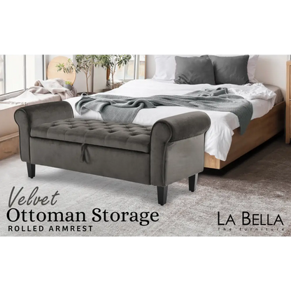 Storage Ottoman Stool Arm Bench Seat 132cm Velvet Grey