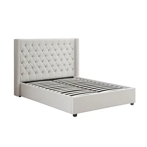 Veronica Bed Frame Double Size Winged Grey Linen Fabric Seam Grid Pattern with Gas Lift Plywood Metal Structure