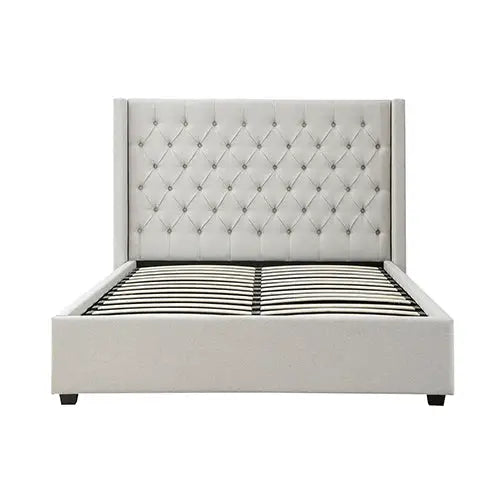 Veronica Bed Frame King Size Winged Grey Linen Fabric Seam Grid Pattern with Gas Lift Plywood Metal Structure