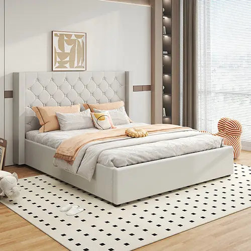 Veronica Bed Frame King Size Winged Grey Linen Fabric Seam Grid Pattern with Gas Lift Plywood Metal Structure