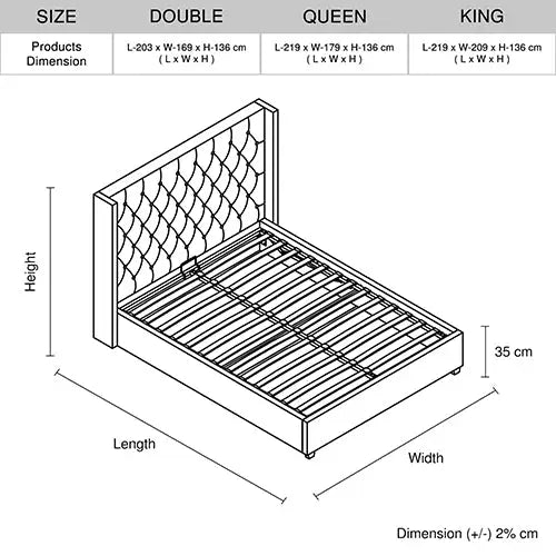 Veronica Bed Frame Queen Size Winged Grey Linen Fabric Seam Grid Pattern with Gas Lift Plywood Metal Structure