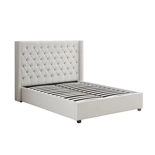 Veronica Bed Frame Queen Size Winged Grey Linen Fabric Seam Grid Pattern with Gas Lift Plywood Metal Structure