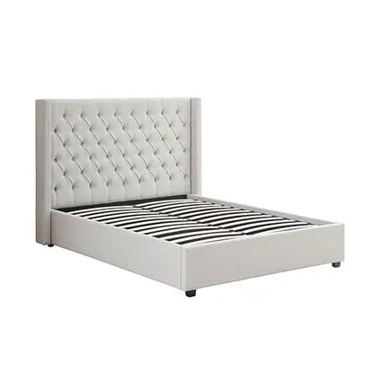 Veronica Bed Frame Queen Size Winged Grey Linen Fabric Seam Grid Pattern with Gas Lift Plywood Metal Structure