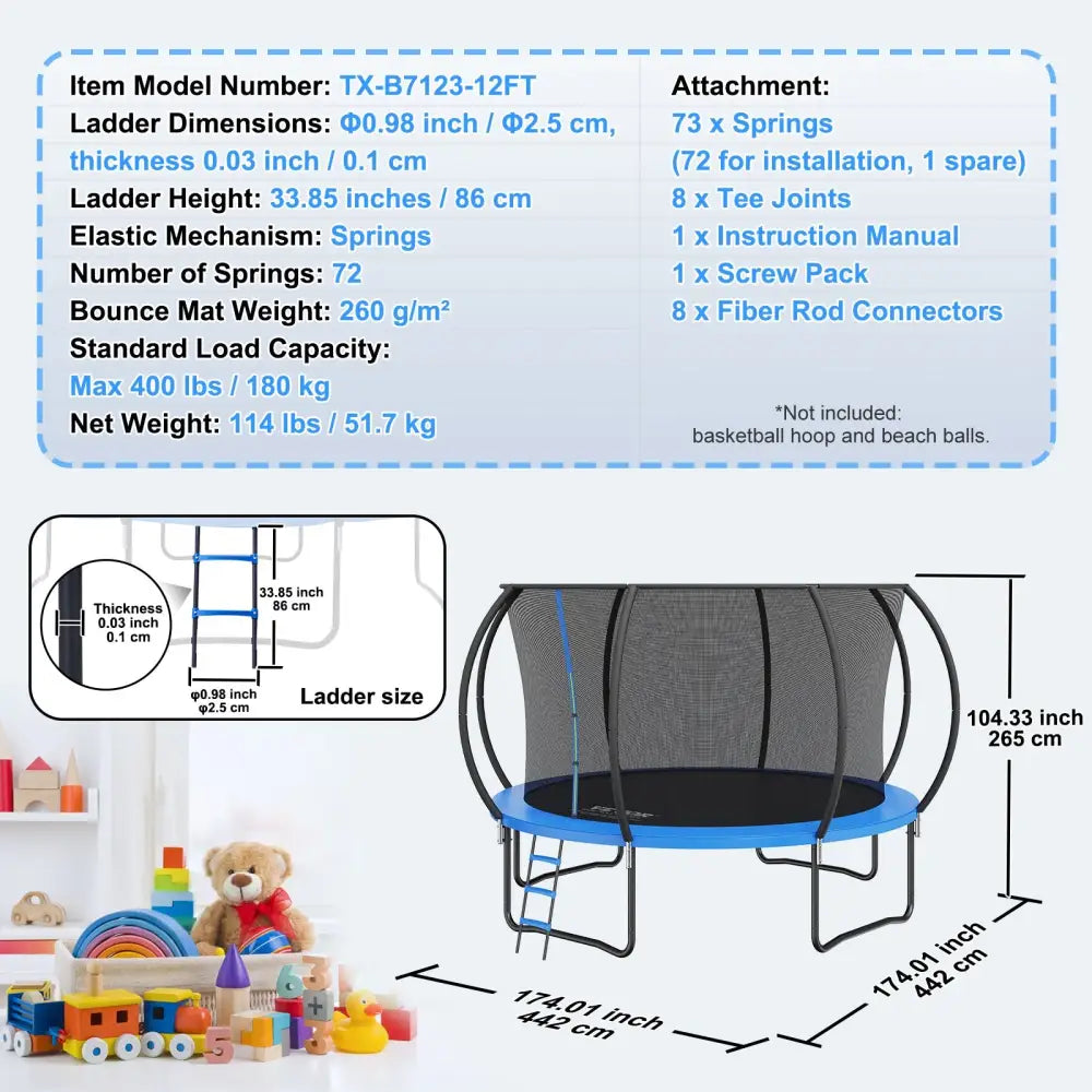 Vevor 3.66m Trampoline 181 Kg with Enclosure Net Ladder and Curved Pole Heavy Duty Jumping Mat Spring Cover Padding