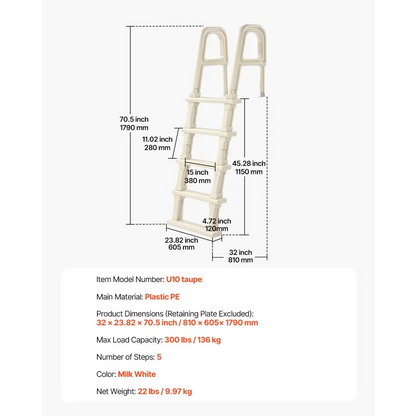 Vevor 5-step Inclined Robust Pool Ladder of 2 Handrails for 1219.2-1371.6mm