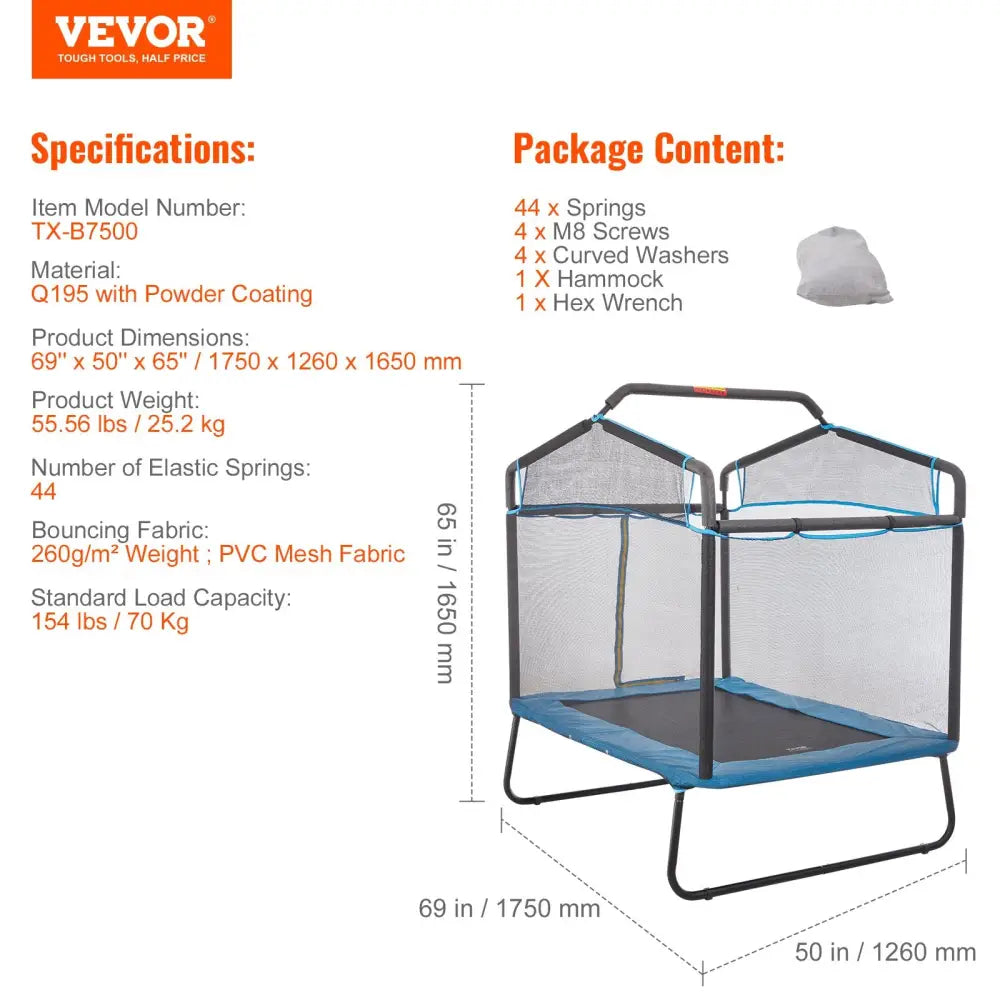 Vevor 6ft Trampoline for Kids 72’’ Indoor/outdoor Toddlers Mini Baby with Safety Enclosure Net Gymnastics Bar Hammock