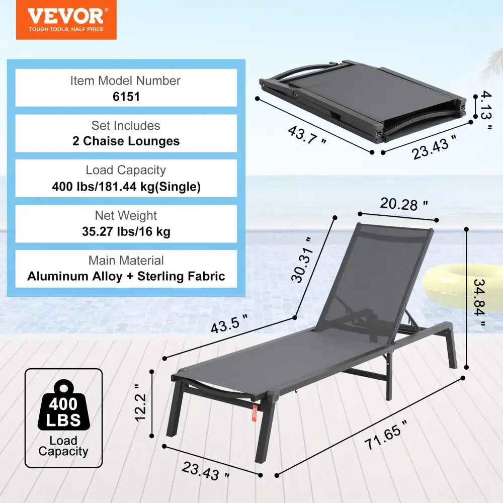 Vevor Chaise Lounge Chair Outdoor Patio Adjustable 5-position 2 Pcs