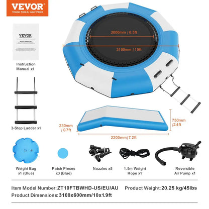 Vevor Inflatable Water Bouncer 10ft Recreational Trampoline Portable Bounce Swim Platform with Slide 3-step Ladder &