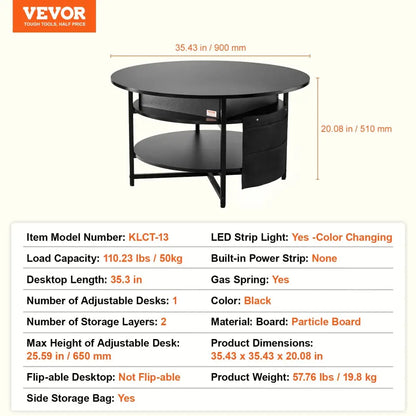Vevor Lift Top Coffee Table 35.3’’ Round for Living Room Black
