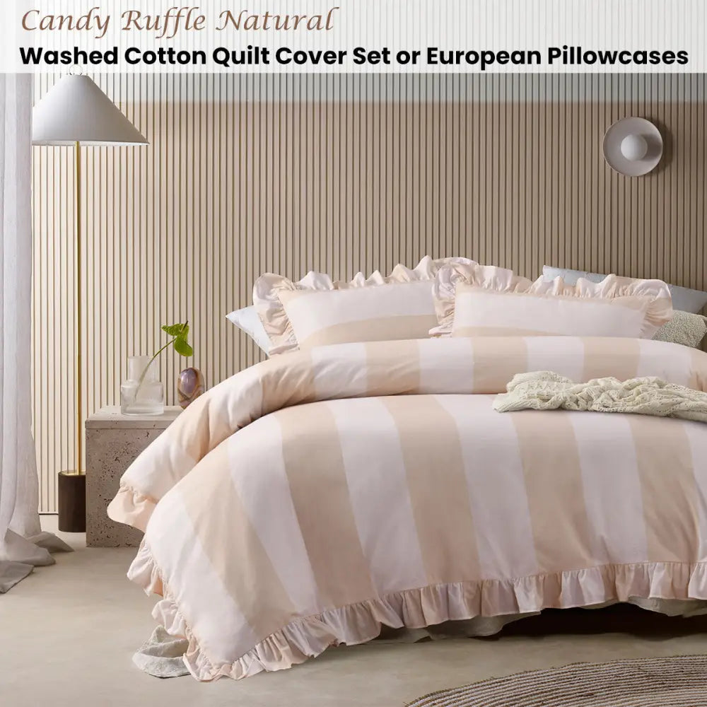 Vintage Design Homewares Candy Ruffle Natural Striped Washed Cotton Quilt Cover Setking