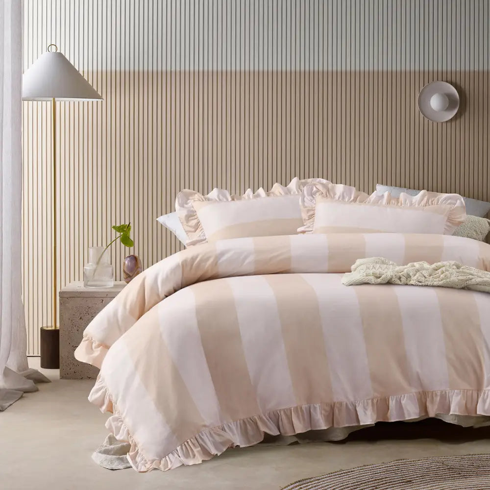 Vintage Design Homewares Candy Ruffle Natural Striped Washed Cotton Quilt Cover Setking