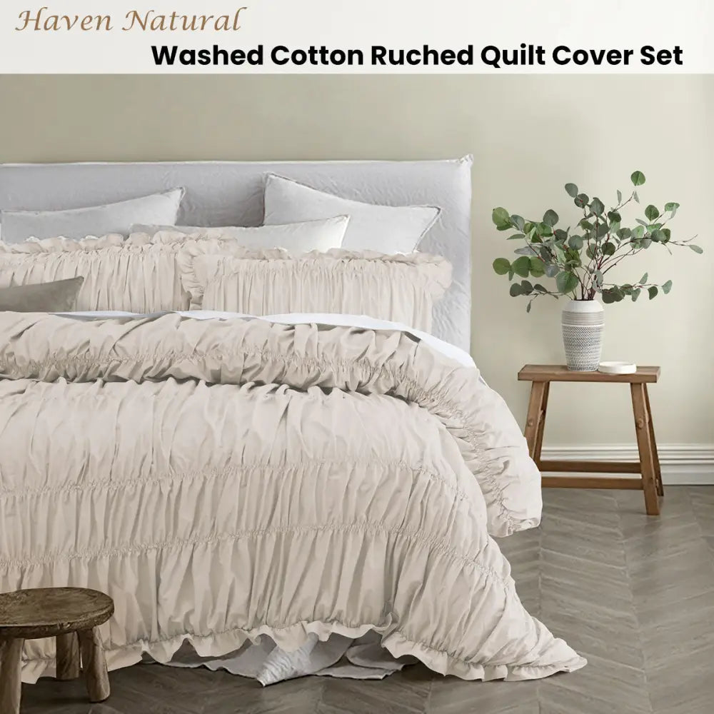 Vintage Design Homewares Haven Natural Washed Cotton Ruched Quilt Cover Set Single