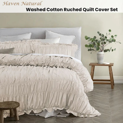 Vintage Design Homewares Haven Natural Washed Cotton Ruched Quilt Cover Set Single
