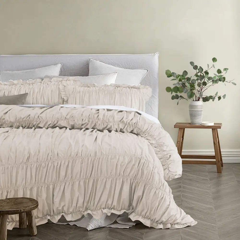 Vintage Design Homewares Haven Natural Washed Cotton Ruched Quilt Cover Set Double