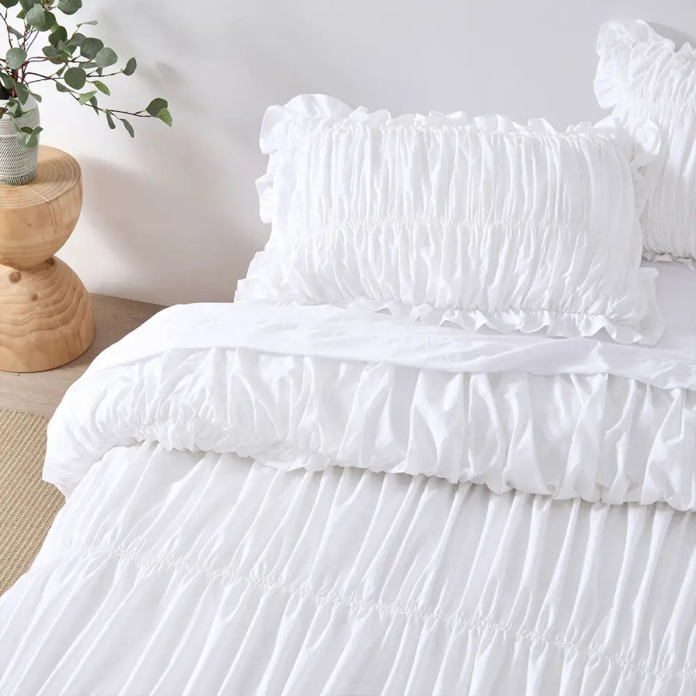 Vintage Design Homewares Haven White Washed Cotton Ruched Quilt Cover Set Queen