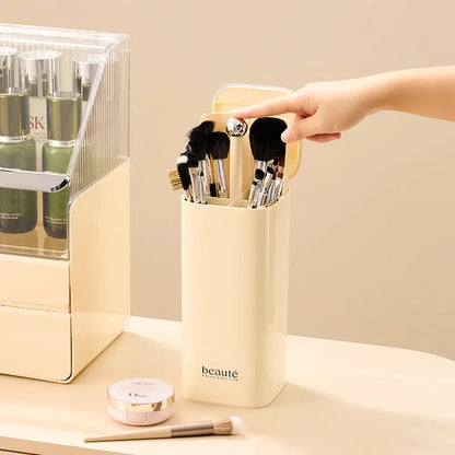White Automatic Lifting Makeup Brush Holder with 4 Compartments Large Capacity Cosmetic Organizer(makeup Brushes