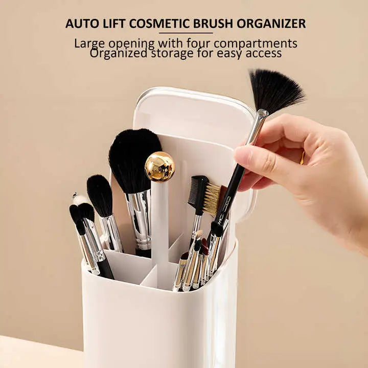 White Automatic Lifting Makeup Brush Holder with 4 Compartments Large Capacity Cosmetic Organizer(makeup Brushes