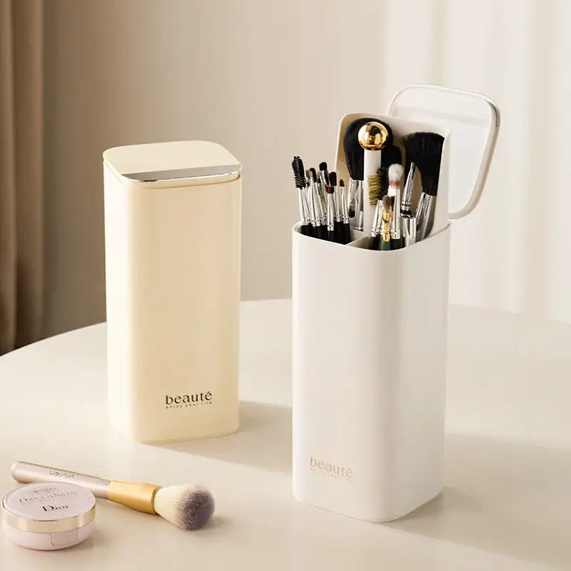 White Automatic Lifting Makeup Brush Holder with 4 Compartments Large Capacity Cosmetic Organizer(makeup Brushes