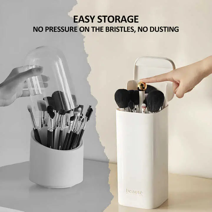 White Automatic Lifting Makeup Brush Holder with 4 Compartments Large Capacity Cosmetic Organizer(makeup Brushes