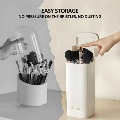 White Automatic Lifting Makeup Brush Holder with 4 Compartments Large Capacity Cosmetic Organizer(makeup Brushes