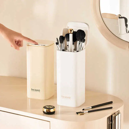 White Automatic Lifting Makeup Brush Holder with 4 Compartments Large Capacity Cosmetic Organizer(makeup Brushes