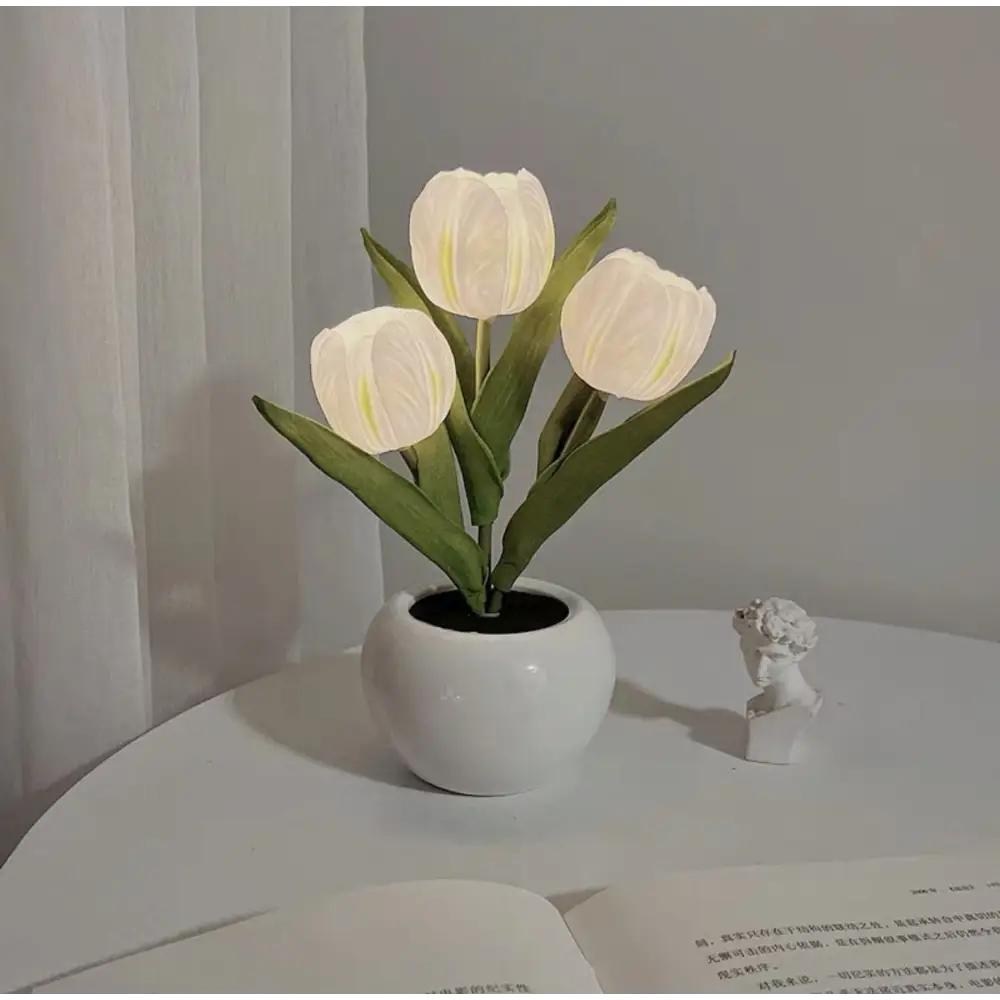 White Flowers Usb Tulip Night Light - Bedroom Decor Table Lamp with Pu & Ceramic Pot