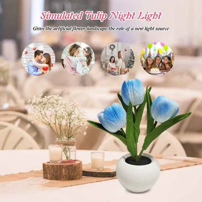 White Flowers Usb Tulip Night Light - Bedroom Decor Table Lamp with Pu & Ceramic Pot