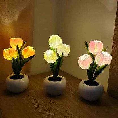 White Flowers Usb Tulip Night Light - Bedroom Decor Table Lamp with Pu & Ceramic Pot