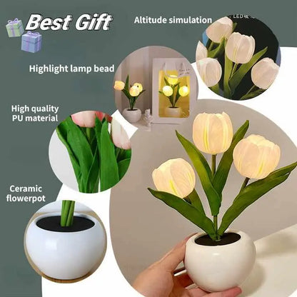 White Flowers Usb Tulip Night Light - Bedroom Decor Table Lamp with Pu & Ceramic Pot