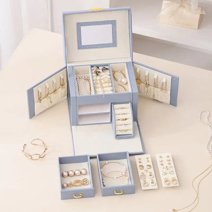 White Pink Luxury Pu Leather Jewelry Storage Box - 3-tier Organizer with Mirror for Necklaces Earrings